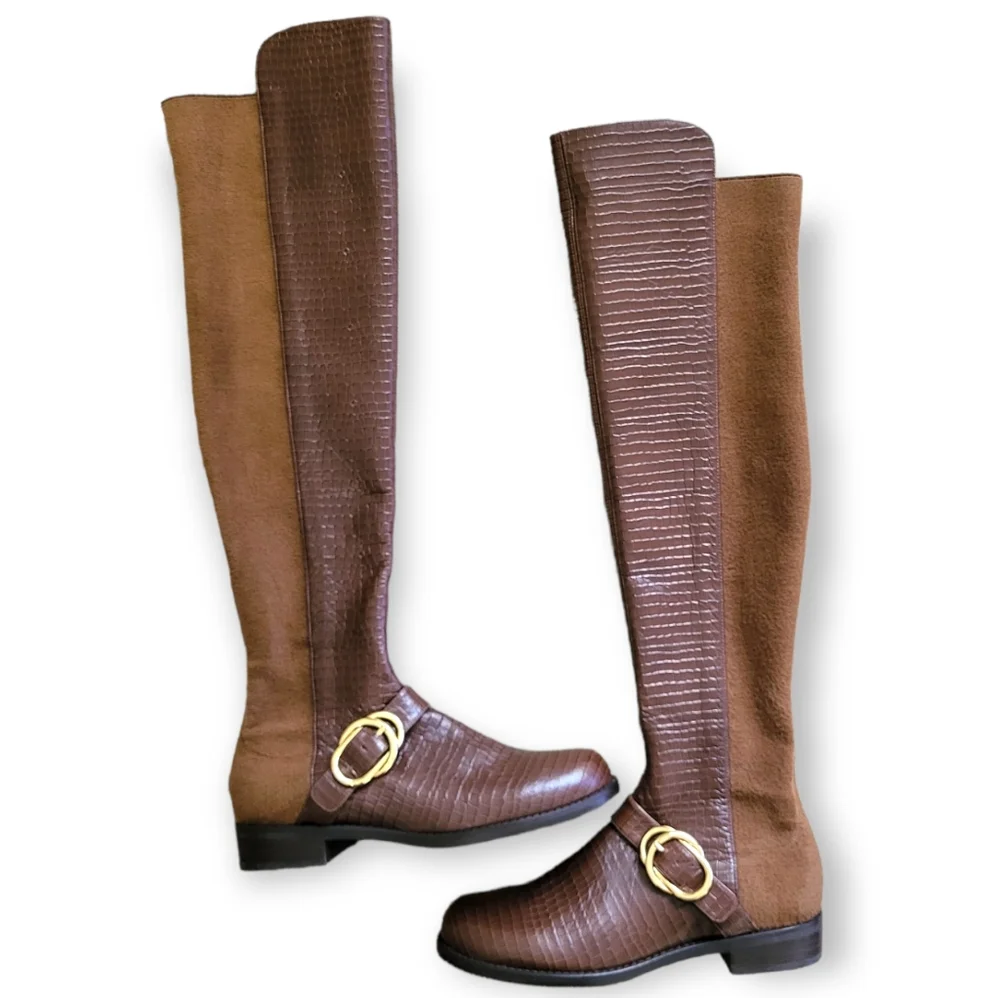 Stuart Weitzman Siella Leather Croc Embossed Riding Boots Gold Buckle 6